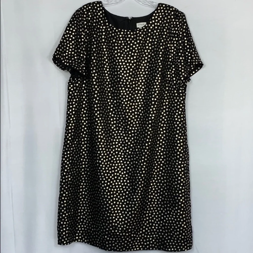 ❤️❤️ J. Crew Heart Print Sheath Shift Mini Dress Black Gold Metallics size 10